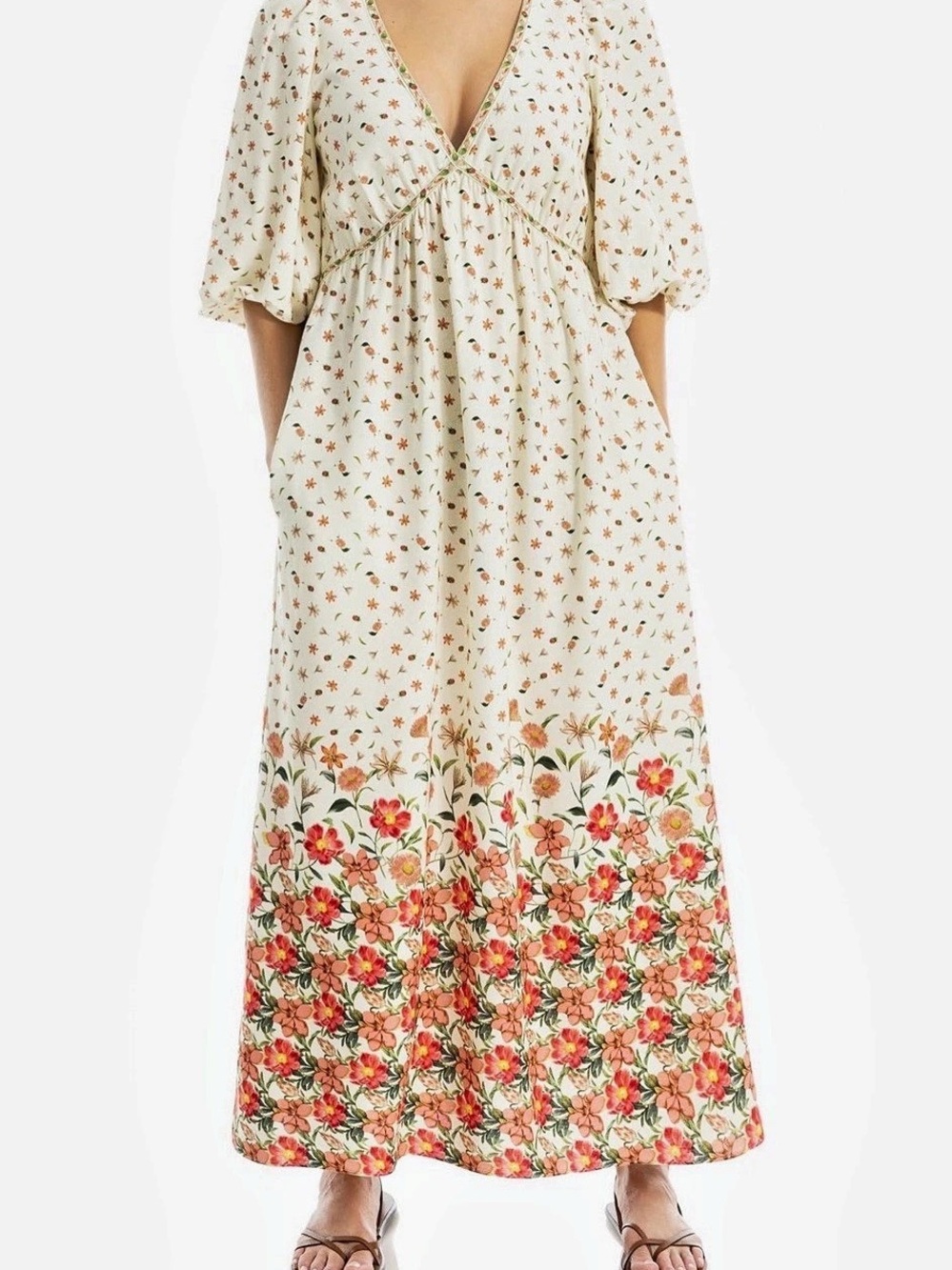 Max Studio Floral Tiered Maxi Dress, Cream & Orange
